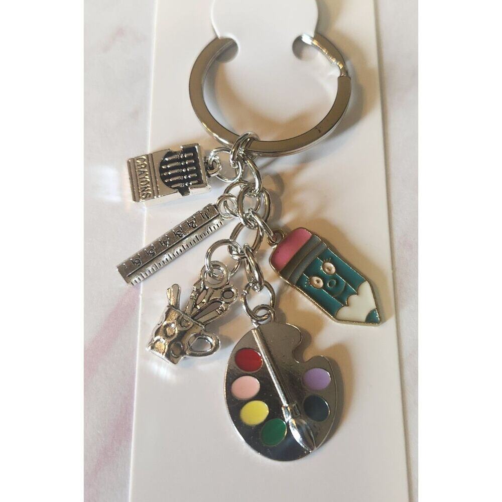 School Teacher Art Bag Charm Keychain Crayons Ruler Paints Pencil Silver Tone